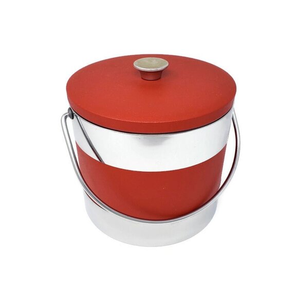 Red Vinyl and Chrome Ice Bucket with Carrying Handle and Plastic Insert - Picture 1 of 9